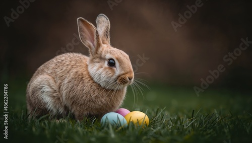 Rabbit Sits on Grass Next to Colorful Eggs During Springtime in a Garden