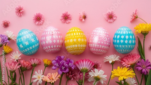 Colorful Easter Eggs and Flowers Arranged on a Pink Background During a Sprin...