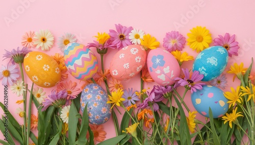 Colorful Easter Eggs and Flowers Arranged on a Pink Background During Spring ...
