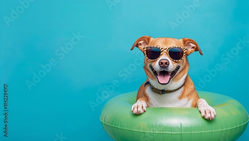 Dog Wearing Sunglasses and Sitting on a Pool Float Against a Blue Background ...