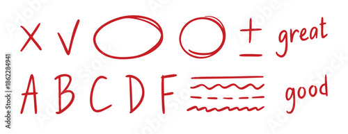 grading doodle element set. Red grades result, round accent line, plus and minus sign, school exam hand drawn icon. Outline drawing line clipart symbol collection