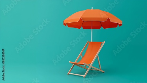 Orange Beach Chair and Umbrella Set Against a Bright Blue Background in a Sim...