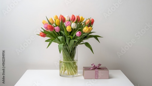 Pink Tulips in Glass Vase Next to Gift Box on White Table During Daylight