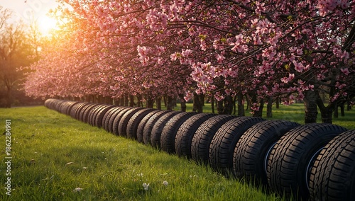 Used Tires Lined Along a Park Area With Blooming Cherry Blossom Trees in the ...