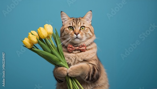Cat Holds Yellow Tulips Against a Blue Background During a Fun Photo Session