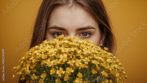 Young Person Holds Yellow Flowers in Front of Face Against a Bright Yellow Ba...