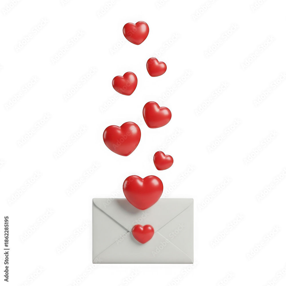 Fototapeta premium Envelope with floating hearts, 3D love letter concept for valentines day isolated
