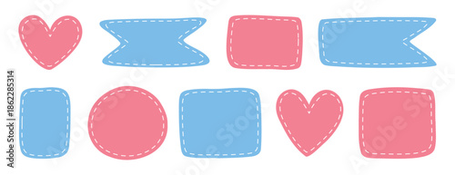 patches different shapes with dotted line set. Cute pastel templates, place for text or photo frames. Girl and boy birth frame. Decorative vector elements. Blue and pink dotted patches.