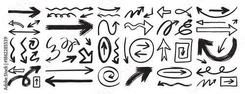 hand drawn arrows set grunge rough, brush stroke curly arrow collection
