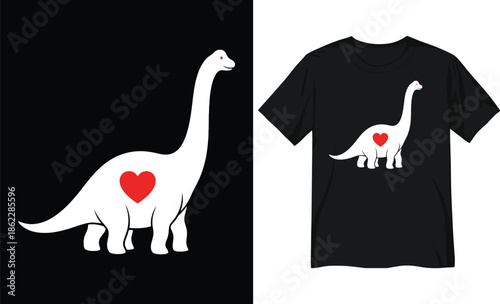 Minimalist White Brachiosaurus Dinosaur Silhouette with Red Heart on Black Background