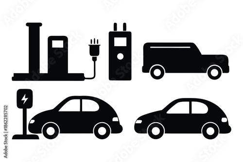 set of transport icons with gash station on a white background