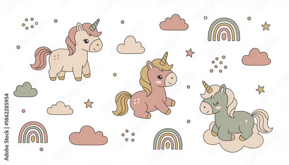 Obraz premium Colorful unicorns and rainbows in playful cartoon style design 