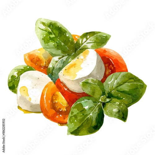 Watercolor-style vector illustration of Caprese Salad, isolated on a clean white background.