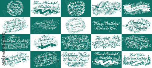 Happy birthday celebration concept. Greeting birthday party lettering with celebration hand drawn elements, decorative invitation card vector set. anniversary black and gold handwritten inscription.