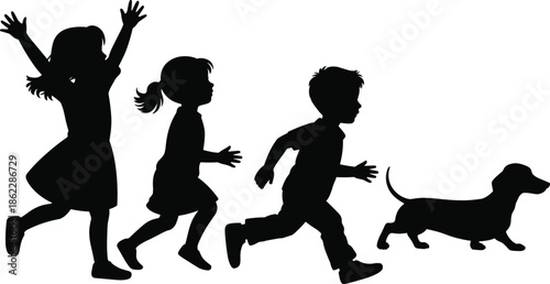 Happy children running with dog silhouettes, playful kids outdoor fun childhood vector illustration design art