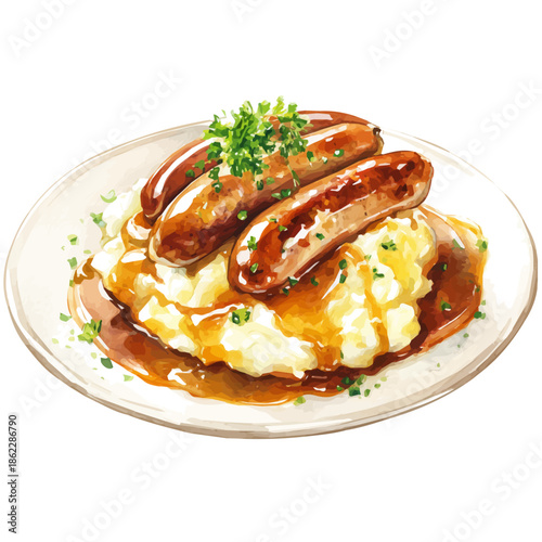 Bangers And Mash, watercolor painting, vector illustration, isolated on a white background.