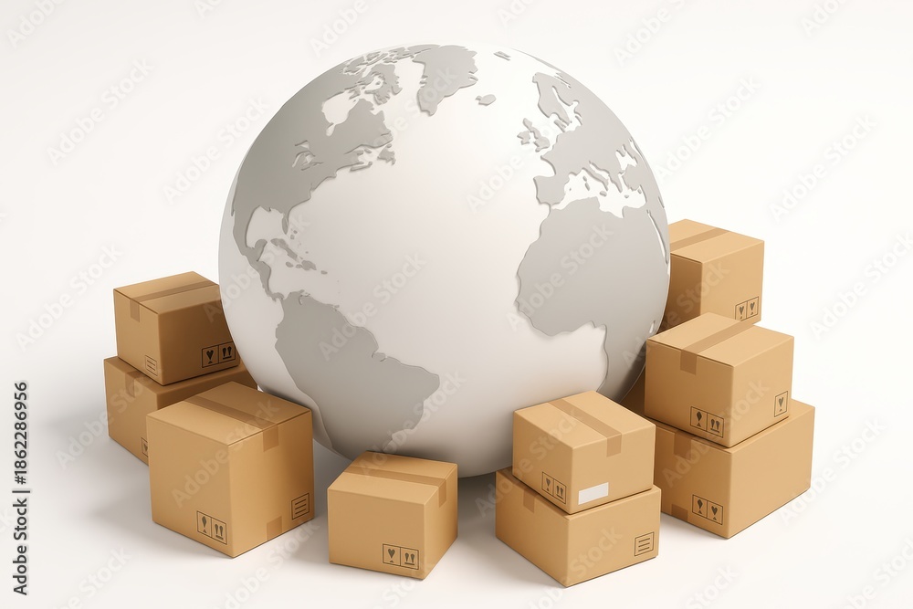Fototapeta premium Global Shipping and Logistics: Illustrating the vast reach of worldwide commerce, a globe is surrounded by a cluster of shipping boxes, signifying international trade and distribution.