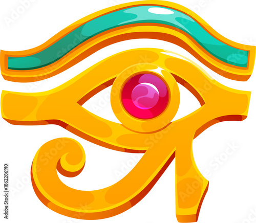 Egypt game icon asset of Horus eye, ancient Egyptian treasure Golden Eye of Horus, Cartoon vector symbol of protection, health and wisdom, features a pink gemstone, mystical and powerful gold artifact