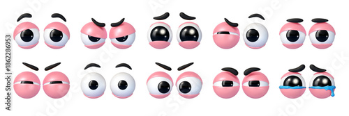 Cartoon 3d eyes, googly character eyeballs with expressions, black pupils, glossy highlight and pink eyelids. Vector pairs shows different moods, from sleepy and surprised to suspicious and wide awake