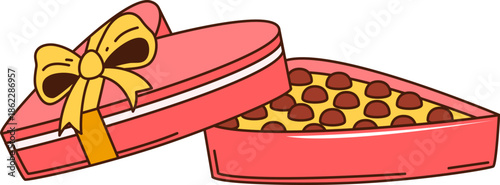 Valentines cartoon groovy candy heart box gift. Saint Valentine day funky dessert present, romantic holiday groovy vector element. Romantic gift chocolate candies opened heart shaped box with ribbon