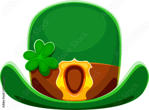St Patricks day holiday leprechaun green bowler hat. Saint Patrick party costume accessory, Irish celebration isolated cartoon vector top hat. Ireland tophat with golden buckle and shamrock clover