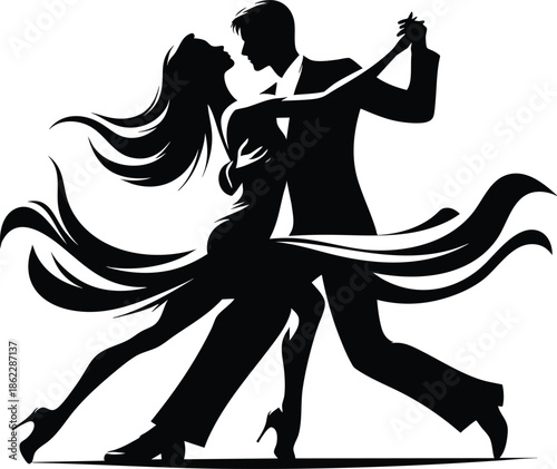 Formally dressed couple passionate ballroom dance movement, romantic couple dancing vector illustration