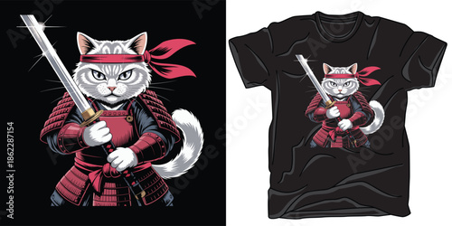 Samurai cat illustration depicting a cute feline warrior in red armor holding a shining katana sword