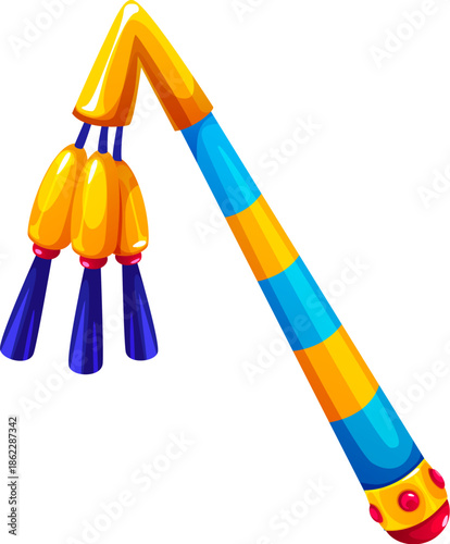 Egyptian game icon of mystical ceremonial staff handle in yellow and blue segments, bent top part, three golden pendants with dark blue tassels. Cartoon vector Pharaoh staff handle with pink gems