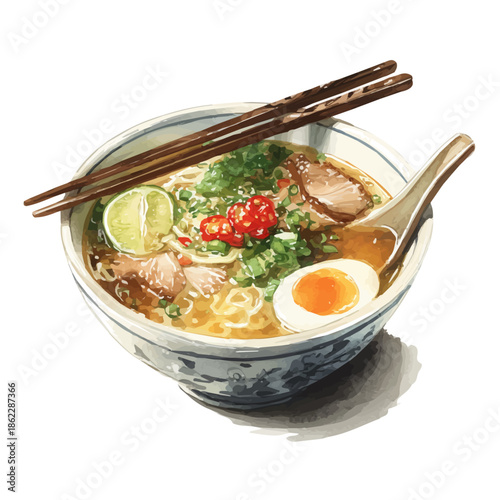 Ramen, watercolor painting, vector illustration, isolated on a white background.