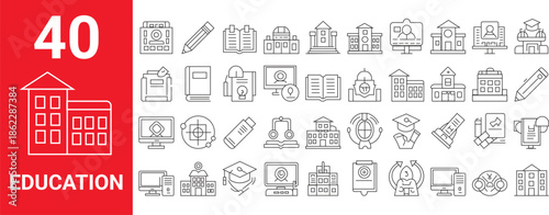 A comprehensive collection of 40 line icons representing various aspects of education and learning