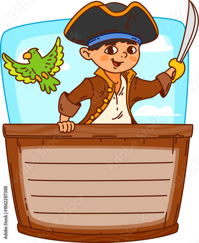 Pirate and corsair sailor kids memo note template. Kids schedule vector treasure hunt frame, child planner piracy memo note. Scrapbook page with pirate sailor boy character holding sword, green parrot
