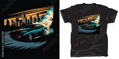 Vintage muscle car drifting on road against dark cityscape background vector art