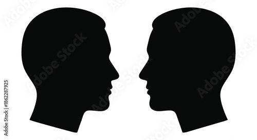 A striking visual representation of two human profiles facing each other in black silhouette