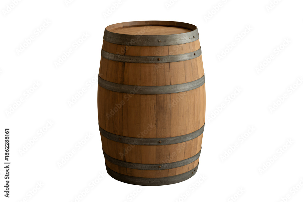 Obraz premium Wooden barrel in rustic style with metal bands in warm lighting for winery advertisement