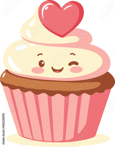 Cute winking cupcake character illustration with a heart topping