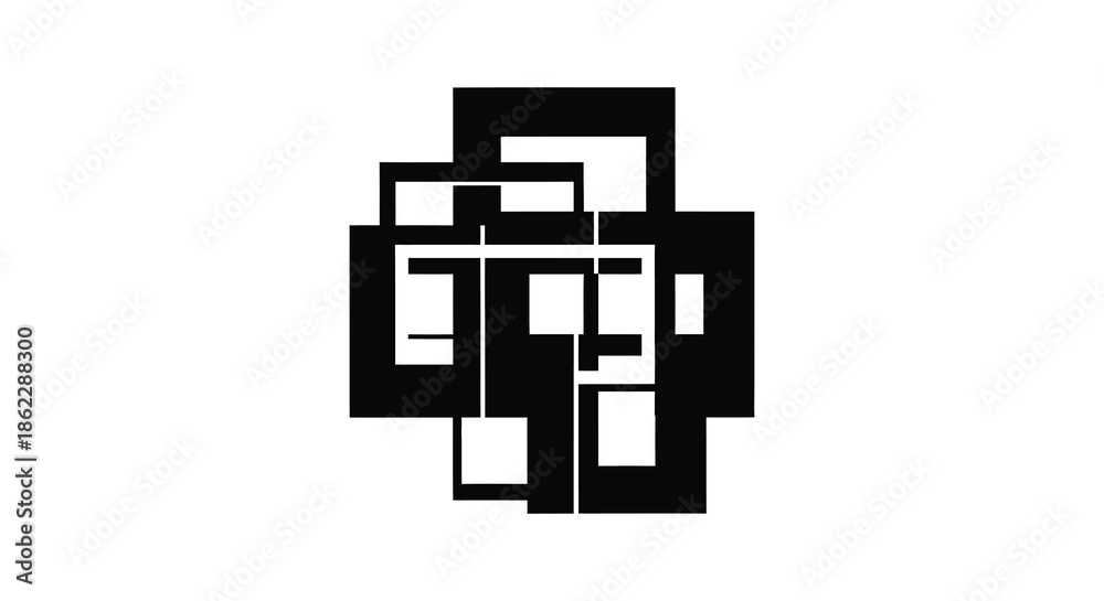 Obraz premium An abstract black and white geometric design featuring interlocking rectangular shapes on a white background