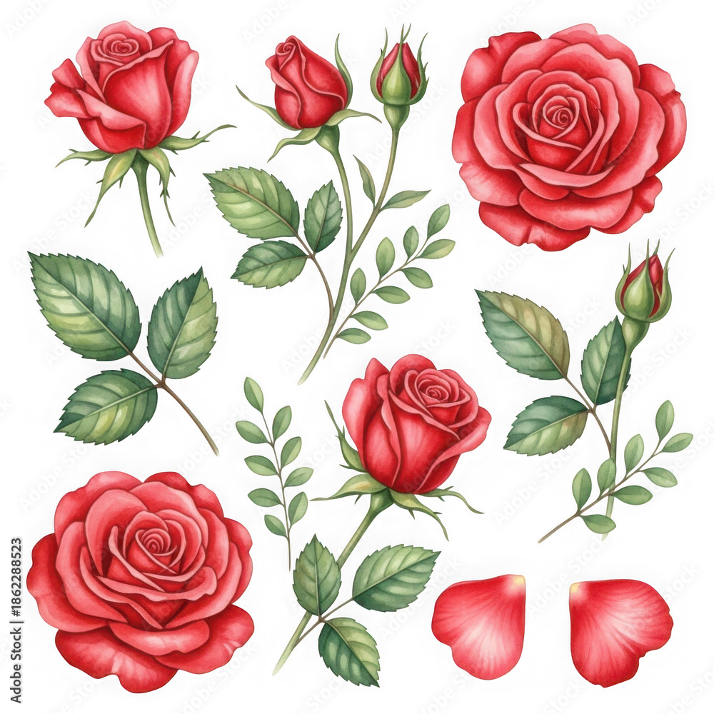 Naklejka premium Collection of red roses and leaves isolated on transparent background