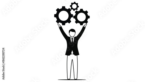 A stylized illustration depicts a person successfully holding up multiple gears above their head symbolizing achievement and teamwork