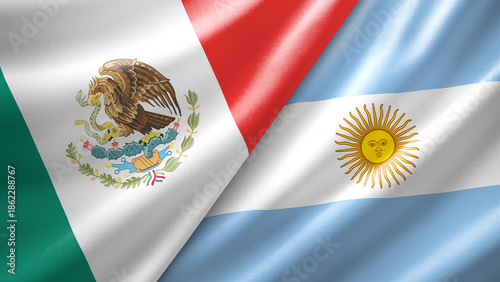 Mexico and Argentina two national flags filling the entire frame, close-up view, edge-to-edge composition