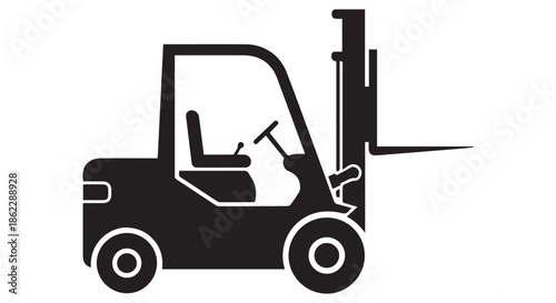 Black and white icon of a forklift isolated on transparent background