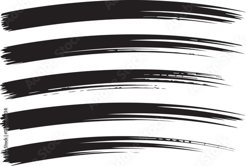 Five elongated parallel black ink brush strokes with smooth curves appearing on a crisp white surface