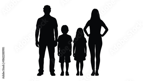 A striking silhouette of a family including a mother father son and daughter standing closely together in unity
