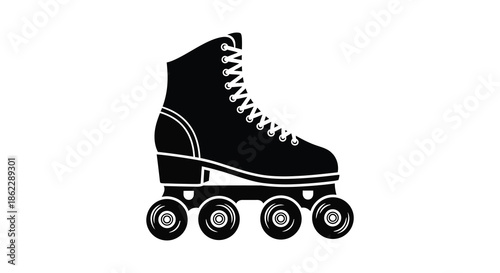 A sleek black and white illustration depicts a single roller skate highlighting its design details