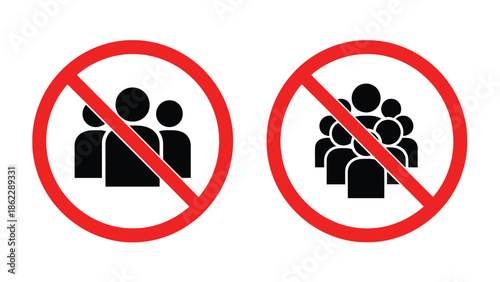 Two prohibition signs depicting silhouettes of people both crossed out with red circles conveying a no entry or restriction message