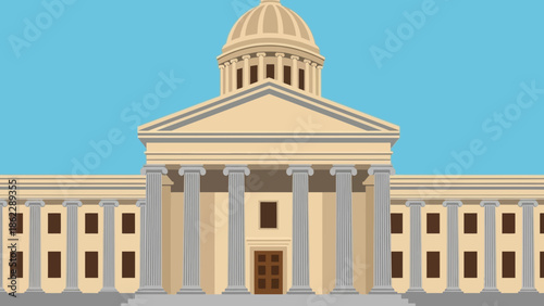 Government Building Illustration Featuring Columns and Dome Against Clear Blue Sky