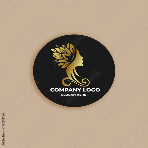 Elegant Golden Goddess Logo with Floral Crown on Black Circular Background for Beauty and Wellness Brand