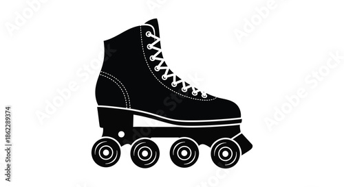 A minimalist black and white illustration depicts a single roller skate showcasing its design and form