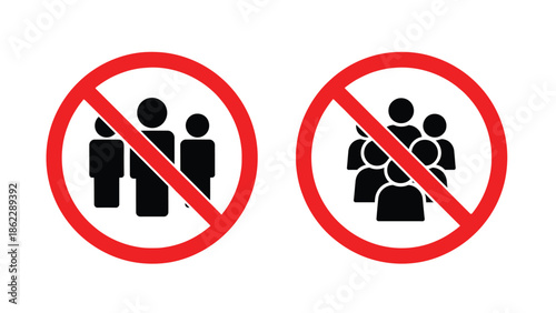 Two prohibition signs depicting silhouetted figures of people indicating restrictions on gatherings or public assembly with red circles