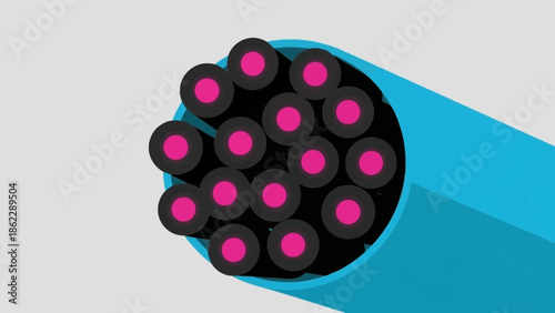 Cable bundle with multiple wires and pink cores inside a blue tube