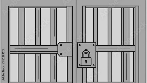 Locked metal gates with barred doors and padlock in a secured entrance